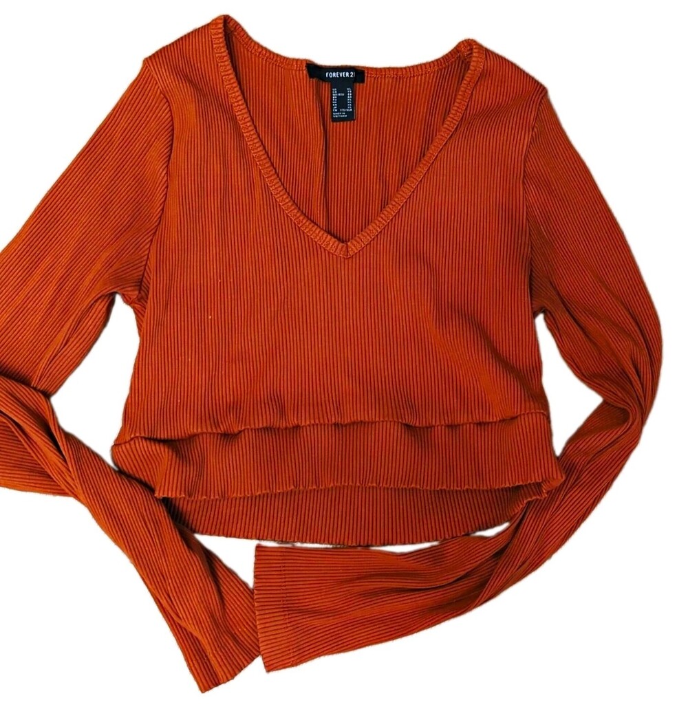 Forever 21 Size XL Brown Ribbed Knit V-Neck Long Sleeve Pullover Top